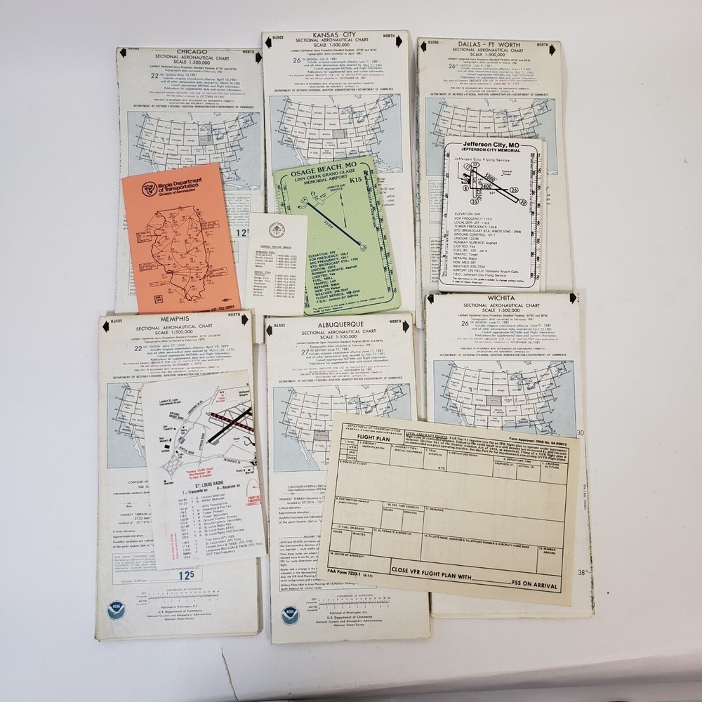 6 Aeronautical Charts Maps  w/ Airport Guides 1979-81 Wichita KC Chicago Dallas